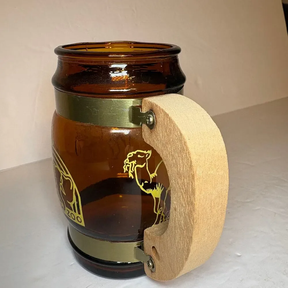 Vintage Pittsburgh Zoon Souvenir Brown Glass Barrel Mug Wood Handle
